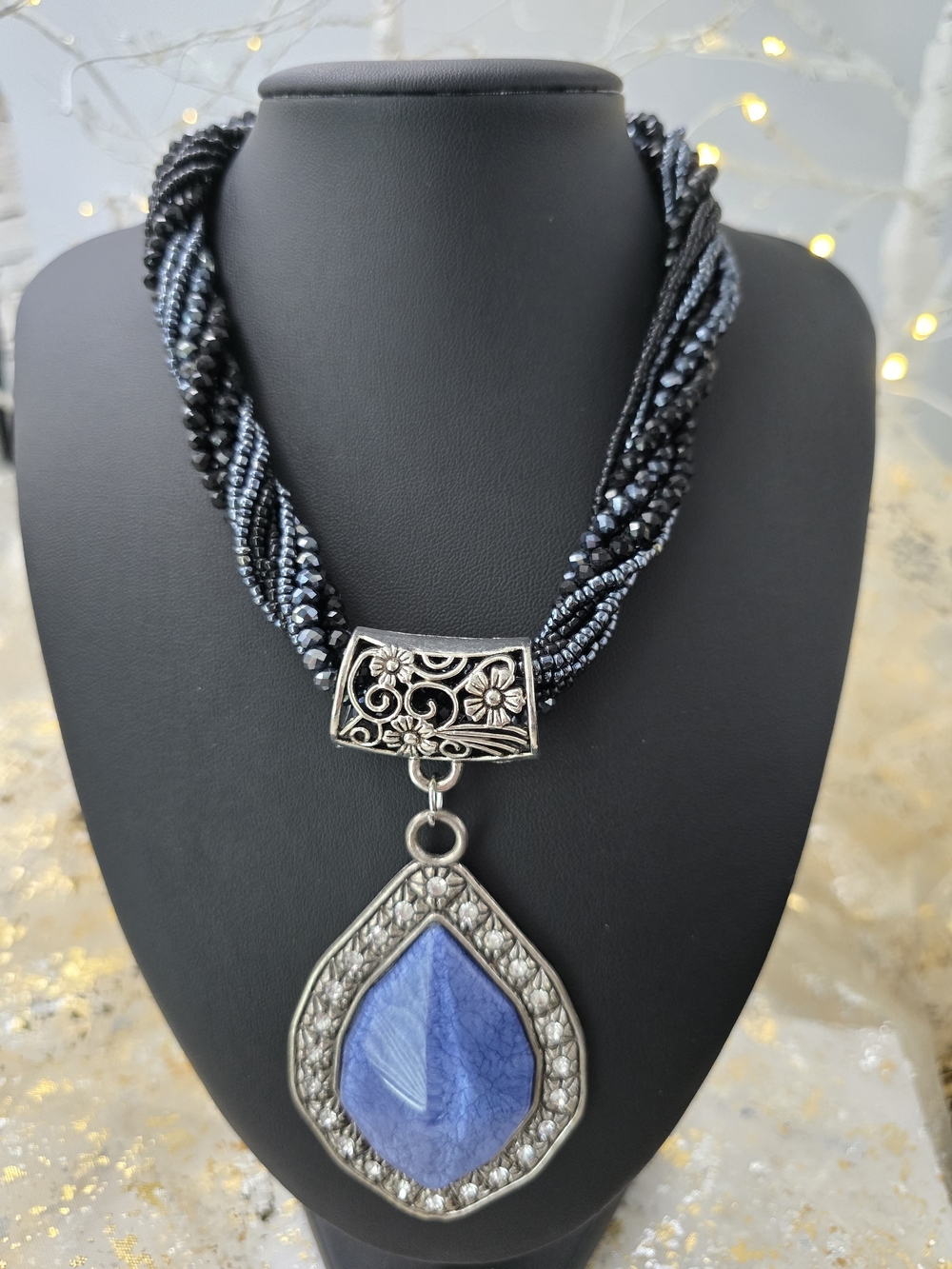 Blue Stone Pendant Necklace with Silver Filigree